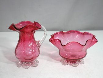 Vintage Cranberry Glass Creamer & Bowl Set  5 & 3.5  Ruffled Edge, Clear Feet