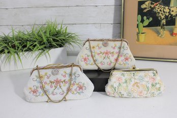 Set Of 3 Vintage Beaded Evening Purses  Floral Designs, Gold Frames & Handles