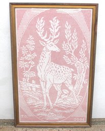 Large Framed Deer Crochet Pattern Wall Hanging  White With Pink Background  53' X 33.5'