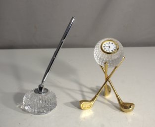 Crystal Desk Accessories - Pen Holder And Golf-Themed Clock