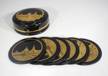 Vintage Thai Lacquerware Coaster Set With Box  4 Round  Gold Temple Design