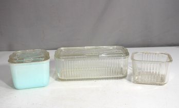 Group Lot Of Vintage Glass Refrigerator Dishes  Clear & Blue Opal Glass