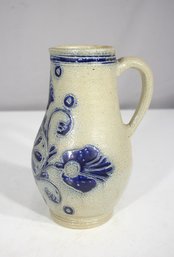 Antique German Westerwald Salt Glaze Stoneware Jug  8 Blue & Gray Floral Pitcher