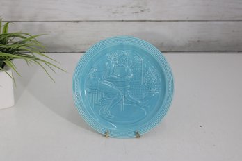 Vintage Turquoise Blue Relief Plate  Figural Scene  7' Round Decorative Plate