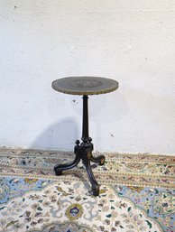 Antique Victorian Style Round Black Lacquer Pedestal Accent Table With Mother Of Pearl Inlay – 29.5'