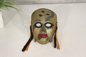 Vintage Hand-Painted Decorative Mask  5.5'H X 4'W Folk Art With Fabric Tassels