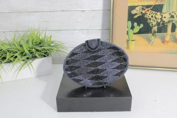 Vintage Oval Beaded Evening Purse  Black & Silver Geometric Design With Chain Strap