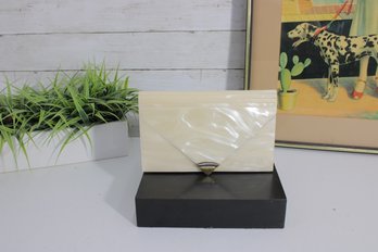 Vintage Ivory Envelope Clutch Purse  Pearlized Finish With Gold Chain Strap