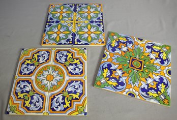 Set Of Vibrant Hand-Painted Decorative Ceramic Tiles - Note: One Tile Cracked