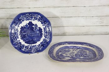 Pair Of Blue & White Transferware Platters  Blue Willow & Old Britain Castles Staffordshire England  14'