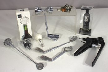 Lot Of Vintage & Novelty Bar Tools  Golf Theme, Wine Openers, Stoppers & More