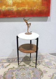 Round Marble-Top Accent Side Table With Wood Shelf, 24'
