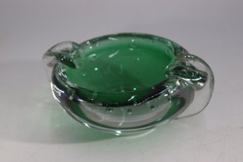 Vintage Murano Style Green & Clear Art Glass Ashtray  Controlled Bubble Design