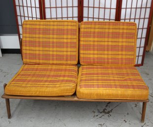 Selig Mid-Century Modern Armless Loveseat With Plaid Upholstery
