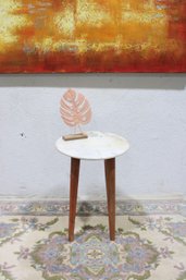 Round Marble-Top Accent Side Table With Tapered Wood Legs, 22.5'