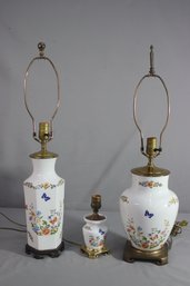 Three (3) Vintage Aynsley Butterflies And Flowers White Porcelain Brass Table Lamps