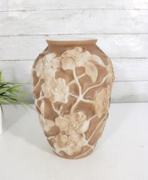 Art Deco Phoenix Consolidated Glass Dogwood Vase  Brown Satin W/ Raised Floral Relief  10.5'