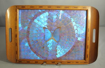 Exquisite Brazilian Handcrafted Butterfly Inlay Wooden Tray By Carlos Zipperer