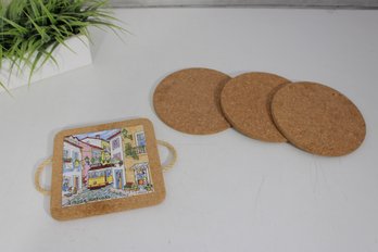 Cork Trivet Set  Lot Of 4  Round & Square W/ Decorative Tile  Portugal