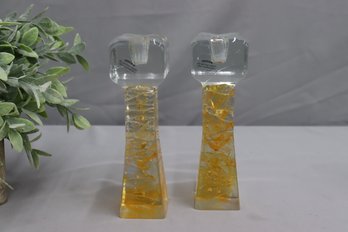 Pair Of Rook Glass Candlesticks By Glasslight, Signed '79