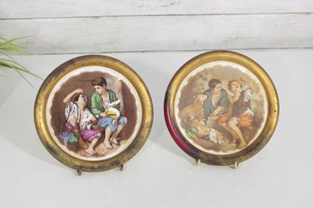 Vintage Pair Decorative Plates W/ Romantic Scenes  Gold Tone Frames  6.5'