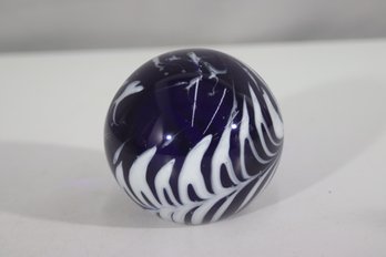 Vintage Hand-Blown Art Glass Paperweight  Deep Blue & White Swirl Design