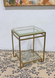 Modern Brass & Glass Side Table  Two Tier W/ Textured Glass Top-27.5' X 22' X 18.5'
