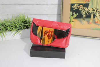 Moonbags Red Leather Foldover Clutch  Pop Art Graphic Front  Made In Italy