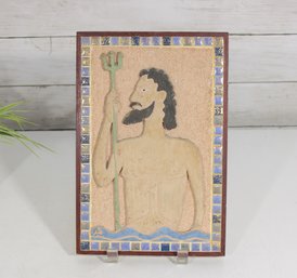 Vintage Mosaic Tile Wall Plaque  Poseidon / Neptune Greek Mythology Art  Framed 11' X 7'