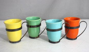 Set Of 4 Vintage 3.5' Green El Patio Mug With Copper Holder  Mid-Century Charm