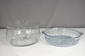 Lot Of 2 Vintage Glass Bowls  Etched Floral & Embossed Ovenware  10.5 & 9 Round