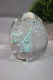 Iridescent Art Glass Paperweight With Bubbles And Swirling Accents