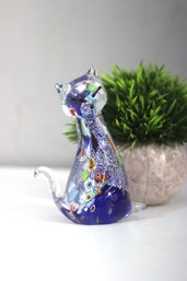 Murano Style Millefiori Art Glass Cat Figurine  Multicolor Swirls & Millefiori Accents