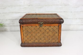 Vintage Decorative Woven Bamboo And Wood Storage Chest With Brass Latch  10.5'H X 14.5'W X 10'D
