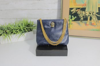 Vintage Blue Leather Evening Bag  Gold Chain Straps & Ornate Medallion Front
