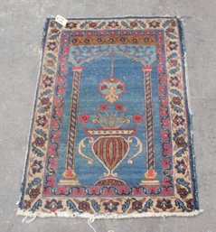 Antique Persian Prayer Rug 3'6' X 2'5'  Handwoven Wool, Vase & Column Motif, Traditional Blue Field