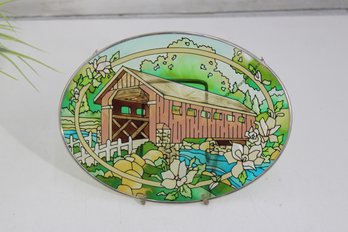 Decorative Stained GlassStyle Hanging Plaque  Covered Bridge Scene  7 X 9