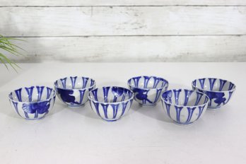 Set Of 6 Vintage Blue & White Hand-Painted Porcelain Bowls  2H X 3 Round