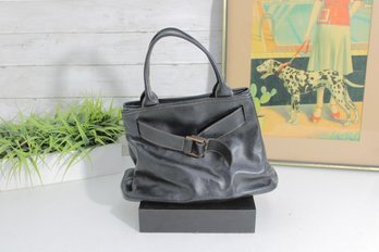Vintage Black Leather Handbag  Structured Satchel With Buckle Accent & Top Handles