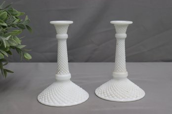 Two Vintage Diamond Quilt Pattern Milk Glass Candlesticks