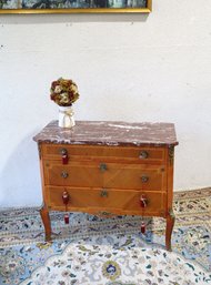 Vintage French Louis XV Style 3-Drawer Marble Top Bombe Chest With Brass Ormolu Accents – 34' W