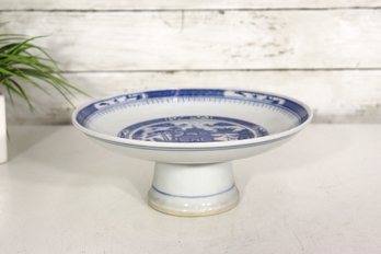Vintage Blue & White Porcelain Pedestal Dish  9' Round Oriental Footed Compote