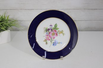 Vintage Floral Porcelain Plate  Cobalt Blue & Gold Rim  10' Round