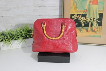 Red Croc-Embossed Handbag With Bamboo Handles & Matching Shoulder Strap