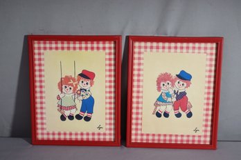 Vintage 1960s 1970 Raggedy Ann & Andy Red Plastic Framed Portrait Picture  10' X 8'