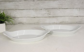 Set Of 2 White Porcelain Oval Baking Dishes  14' X 8' Classic Bakeware Serving Trays