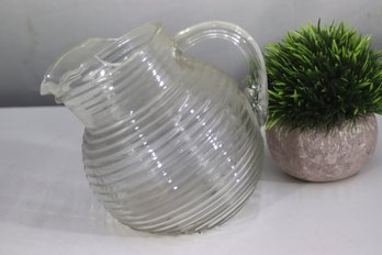 Vintage Clear Ribbed Glass Pitcher  Unique Design With A Flaw