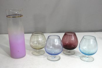 Vintage 9' Hand-Blown Ombre Glass Pitcher & 4 Matching Brandy Snifters  Multicolor Set