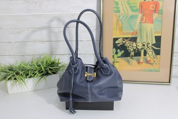 Vera Pelle Navy Blue Leather Handbag  Drawstring Style With Gold Hardware, Clean Interior