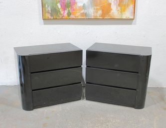 Modern Black Lacquer 3-Drawer Nightstands / Side Tables  Pair  High Gloss Curved Design 30' X 33.5' X 20'